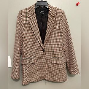 ZARA WOMAN SMALL PLAID CHECK BLAZER BLACK RED CAMEL JACKET